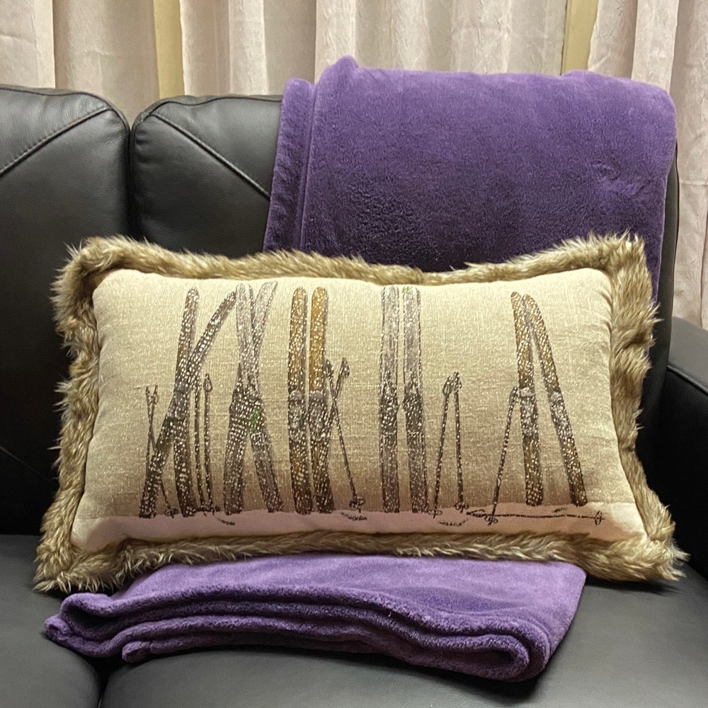 Skis and poles winter snowy scene decorative pillow faux fur trim